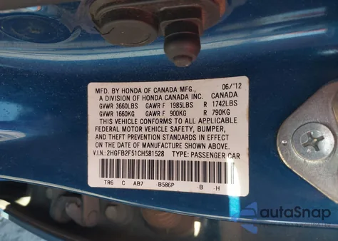 2012 Honda Civic Lx from USA, damaged, VIN 2HGFB2F51CH581528